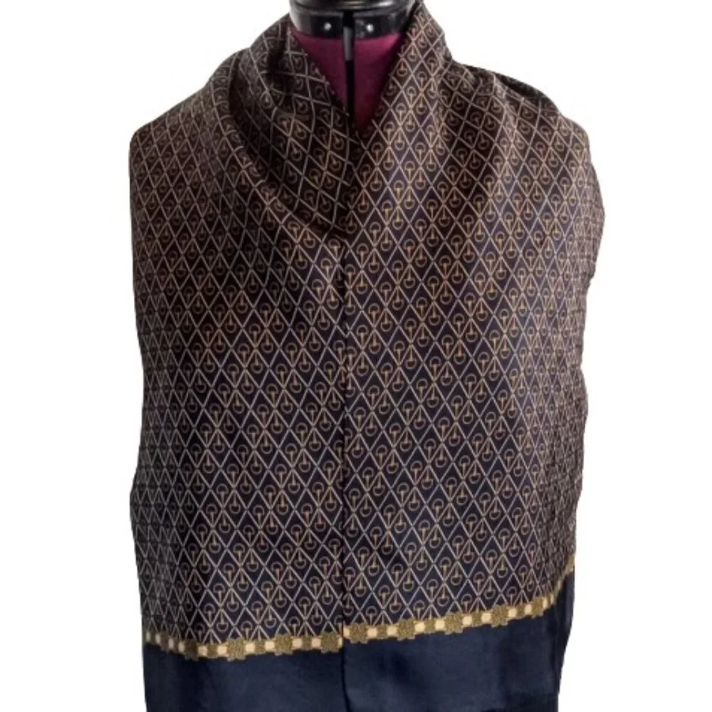Paolo Gucci Italian Silk Wool Navy Blue Fringed Oblong Scarf